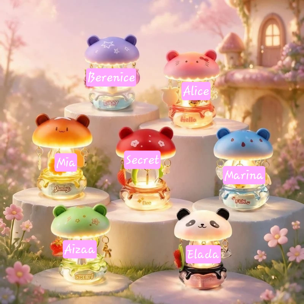 Rotating Mushroom Cottage Glowing Night Light Ornament Series claim party